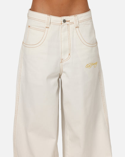 Ed Hardy Ultra Wide Leg Denim Jeans Off White/Yellow