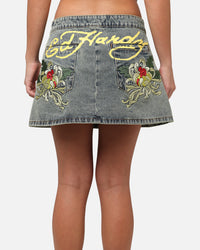 Ed Hardy Women's Flora Denim Mini Skirt Dirty Blue