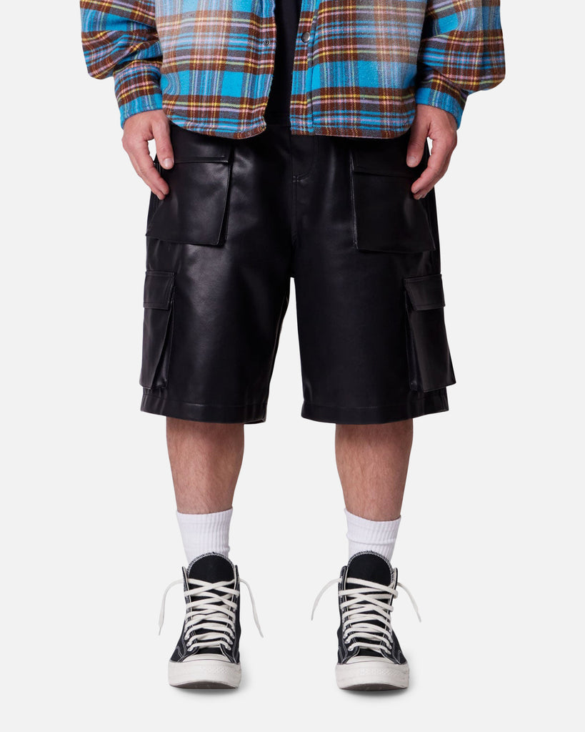 MNML Baggy Vegan Leather Cargo Shorts Black | Culture Kings US