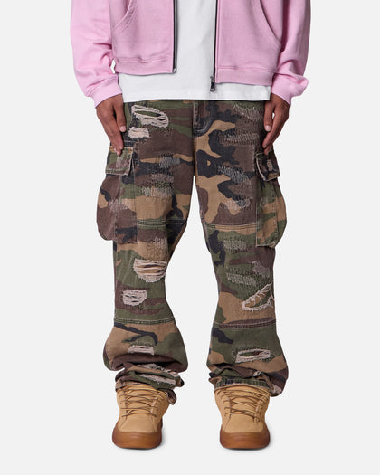 MNML Ultra Baggy Distressed Cargo Pants Woodland Camo