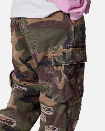 MNML Ultra Baggy Distressed Cargo Pants Woodland Camo