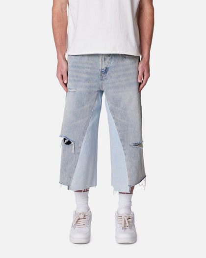 MNML Panelled Denim Shorts Light Blue Wash