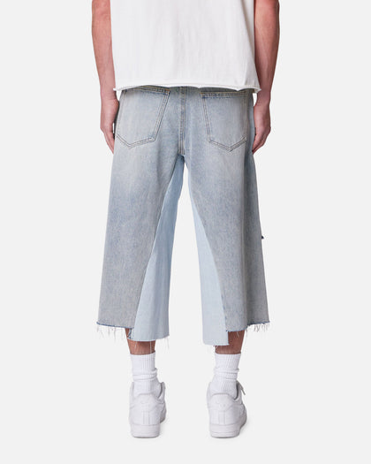 MNML Panelled Denim Shorts Light Blue Wash