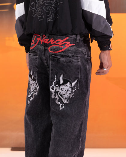 Ed Hardy Devil Wide Leg Denim Jeans Black