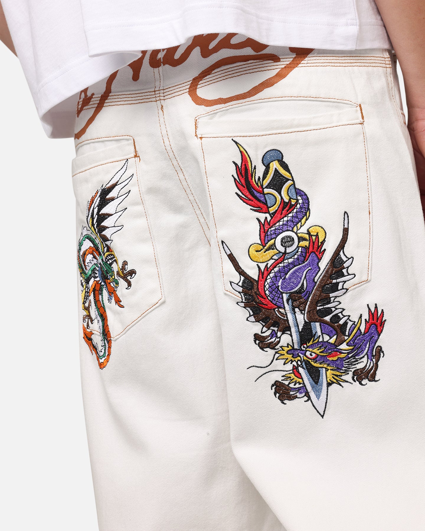 Ed Hardy Dragon Wide Leg Denim Jeans Off White | Culture Kings US