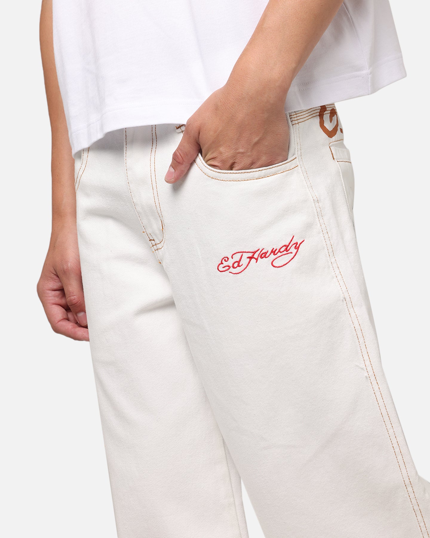 Ed Hardy Dragon Wide Leg Denim Jeans Off White | Culture Kings US