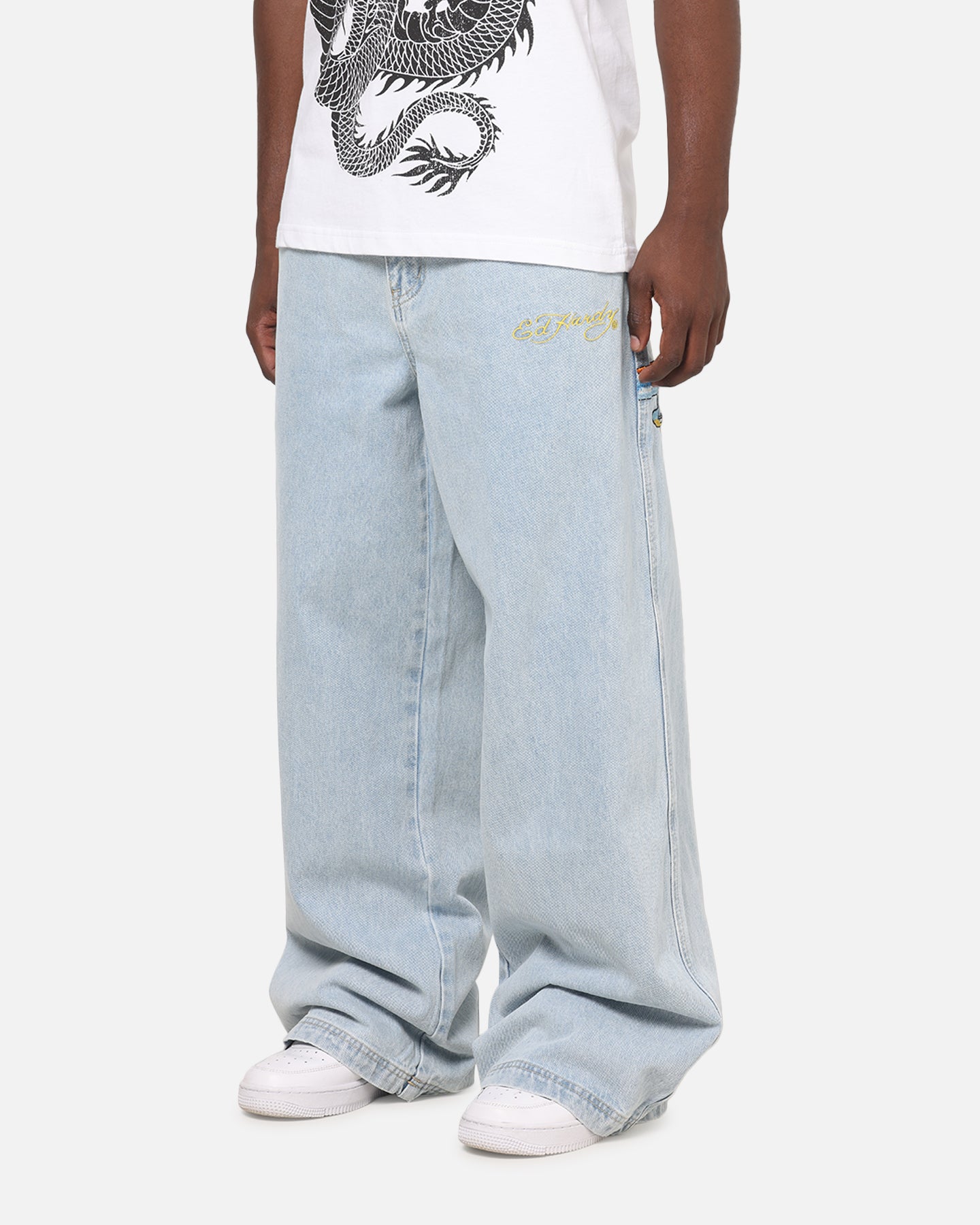 Ed Hardy Dragon Ultra Wide Leg Jeans Light Wash Blue | Culture