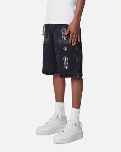 MNML Double Western Jewel Denim Shorts Washed Black