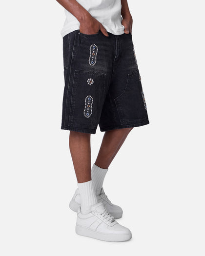 MNML Double Western Jewel Denim Shorts Washed Black