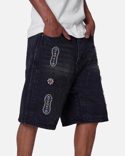 MNML Double Western Jewel Denim Shorts Washed Black