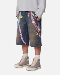 MNML Ultrabaggy Chain Printed Denim Shorts Blue