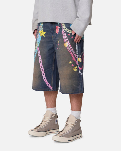 MNML Ultrabaggy Chain Printed Denim Shorts Blue