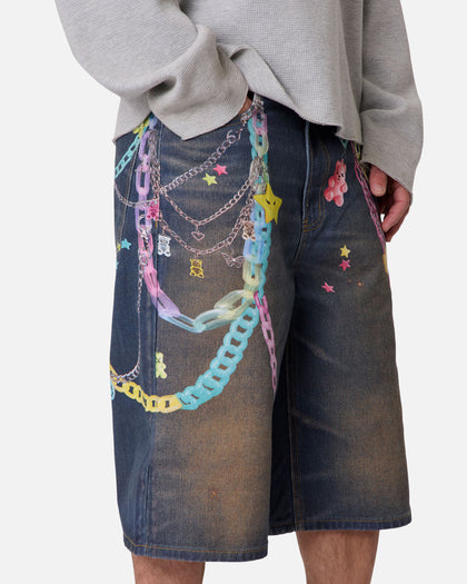 MNML Ultrabaggy Chain Printed Denim Shorts Blue