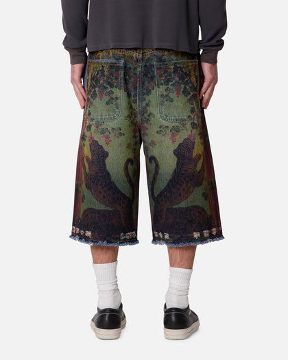 MNML Ultra Baggy Leopard Denim Shorts Multi