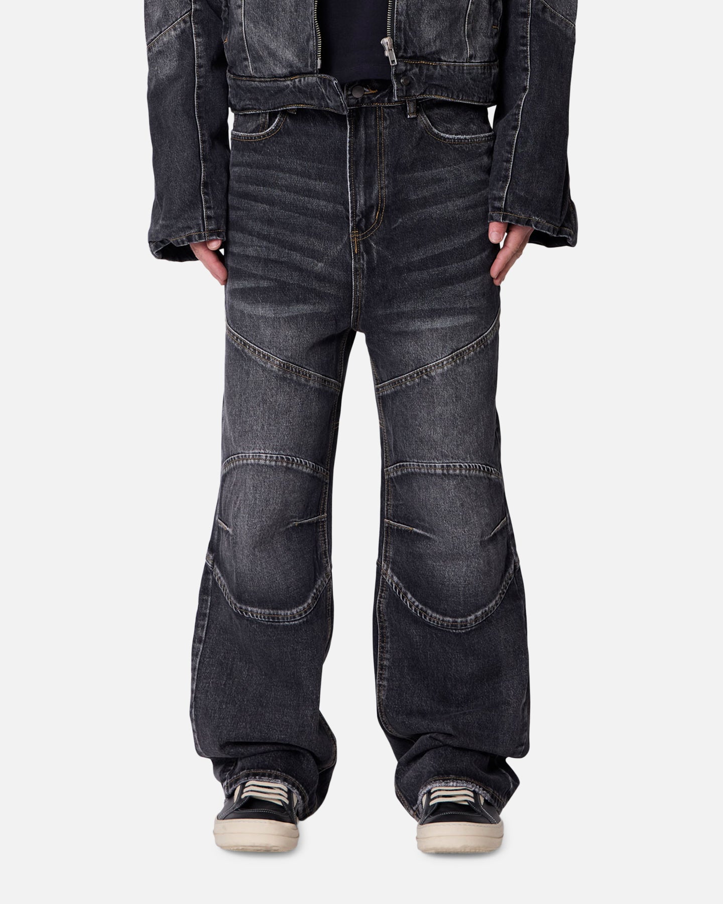 MNML Panelled Moto Denim Jeans Washed Black | Culture Kings US