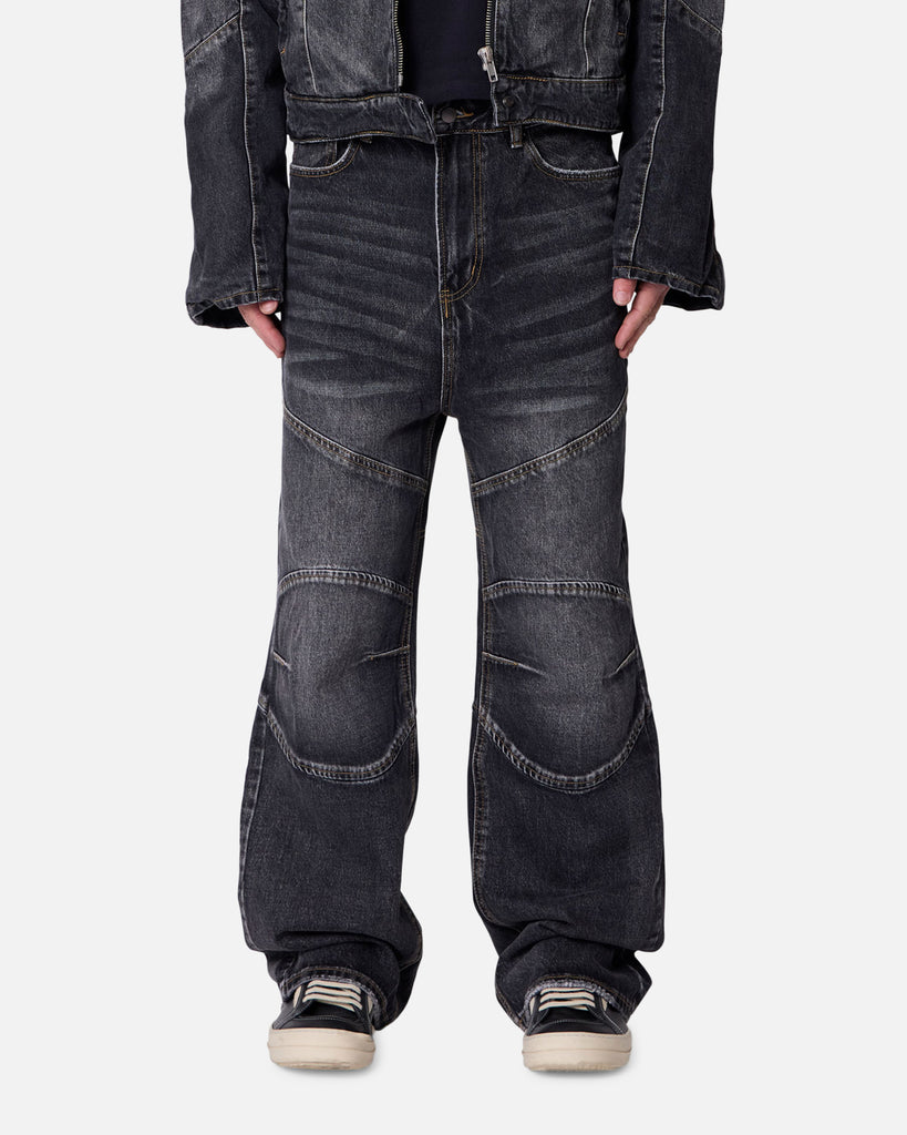MNML Panelled Moto Denim Jeans Washed Black | Culture Kings US