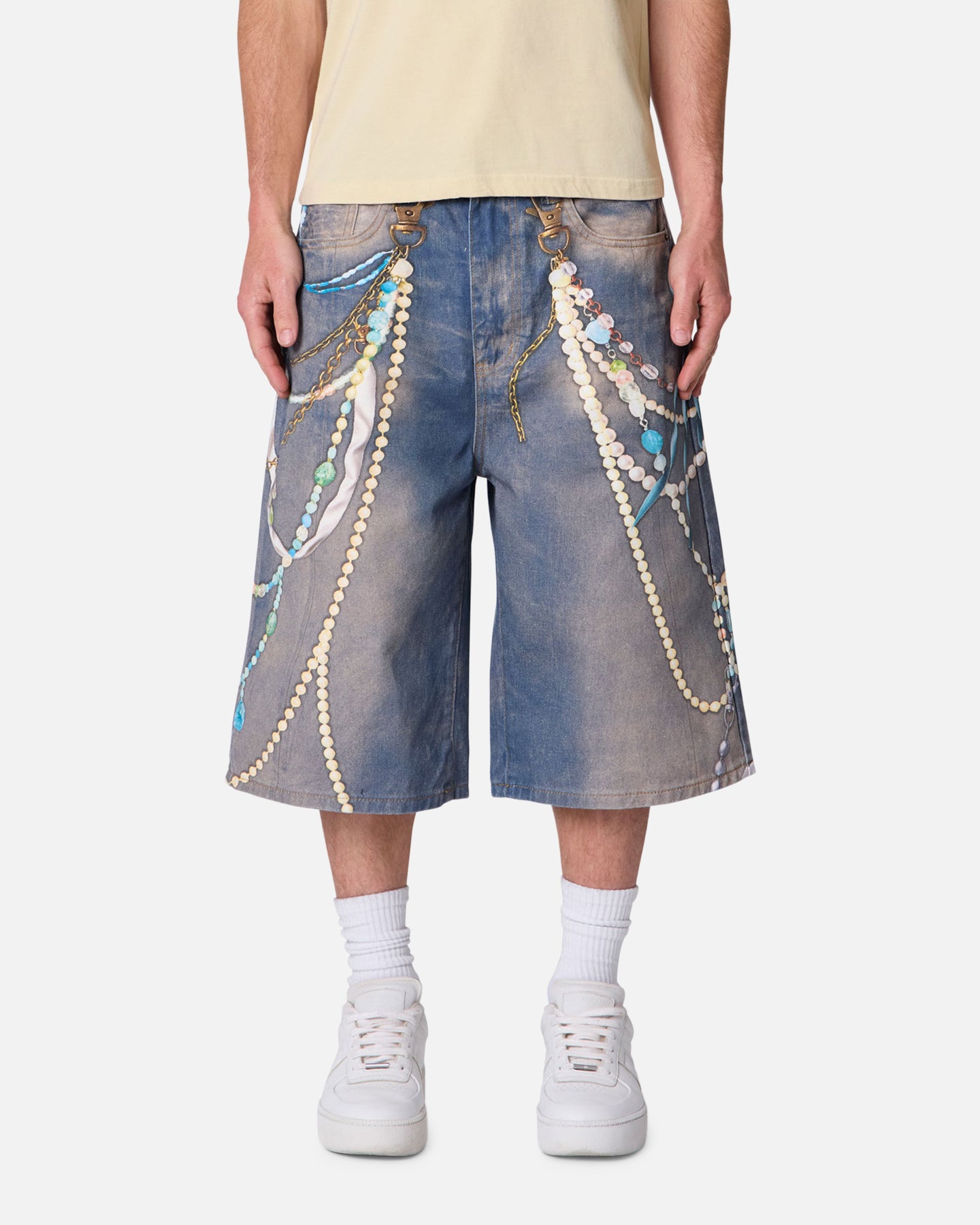 MNML Ultra Baggy Chain Printed Denim Shorts Light Blue | Culture