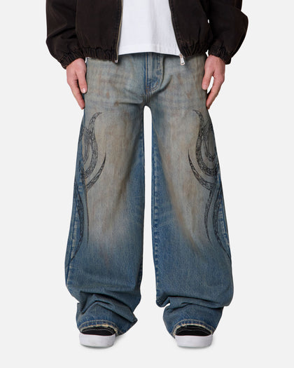 MNML Ultra Wide Tribal Denim Jeans Medium Blue