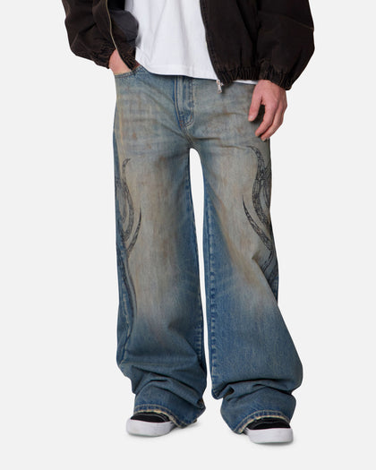 MNML Ultra Wide Tribal Denim Jeans Medium Blue