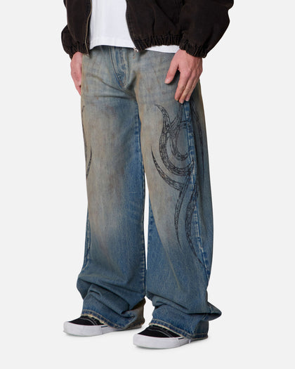 MNML Ultra Wide Tribal Denim Jeans Medium Blue