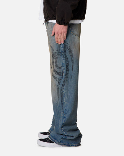 MNML Ultra Wide Tribal Denim Jeans Medium Blue