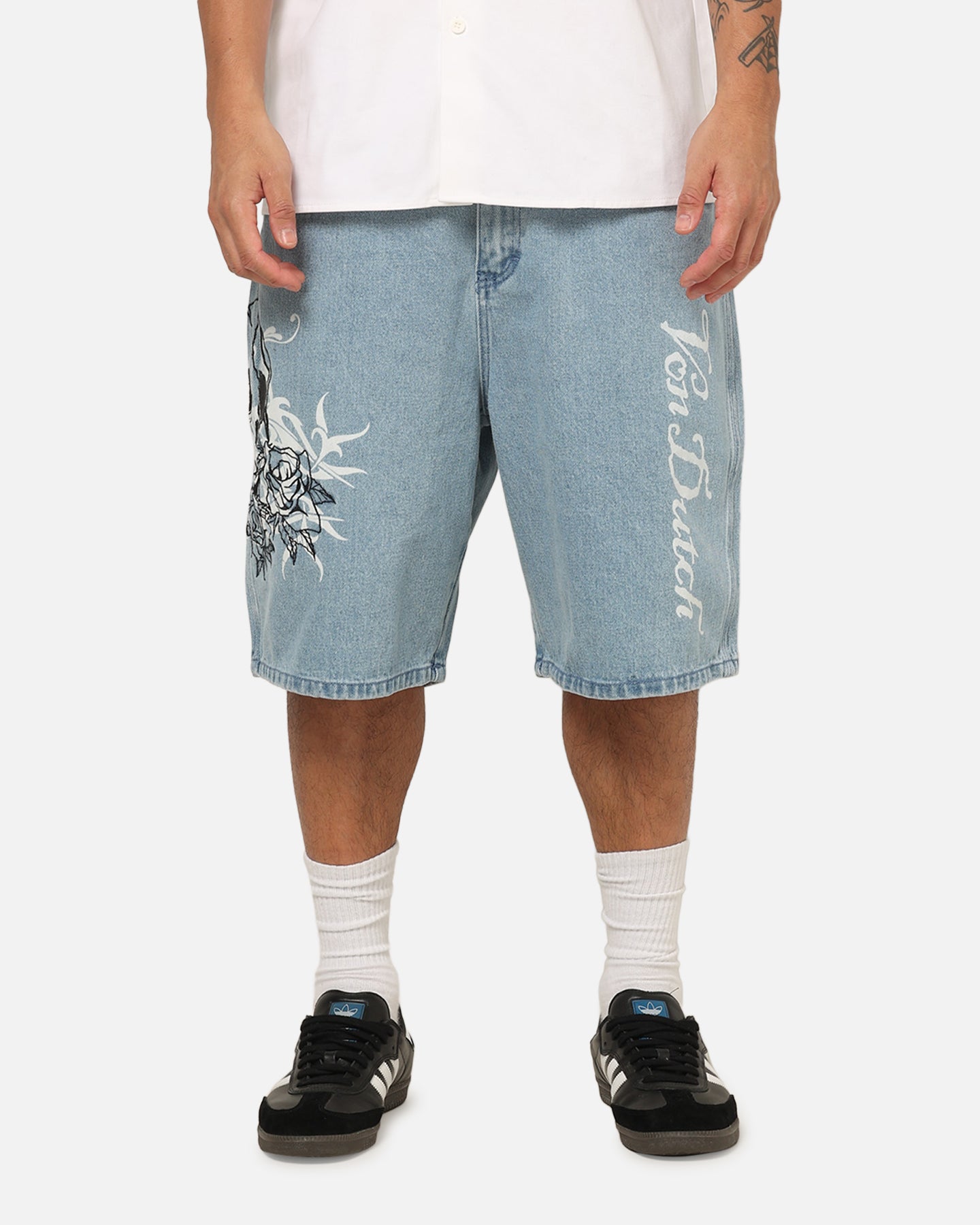 Von Dutch Skull Jean Shorts Mid Blue Denim | Culture Kings US