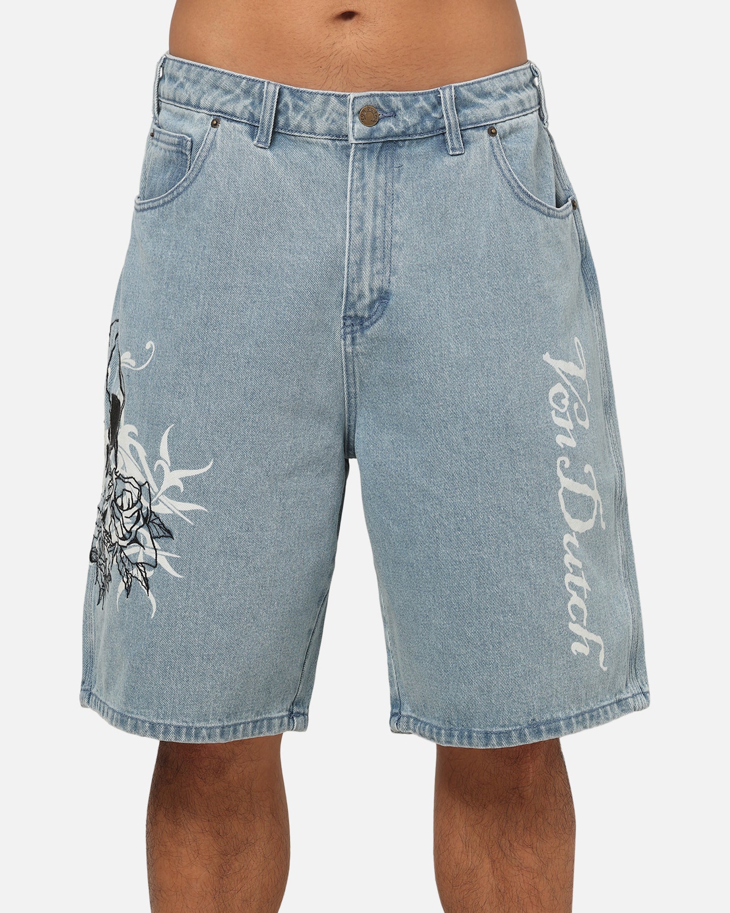 Von Dutch Skull Jean Shorts Mid Blue Denim | Culture Kings US