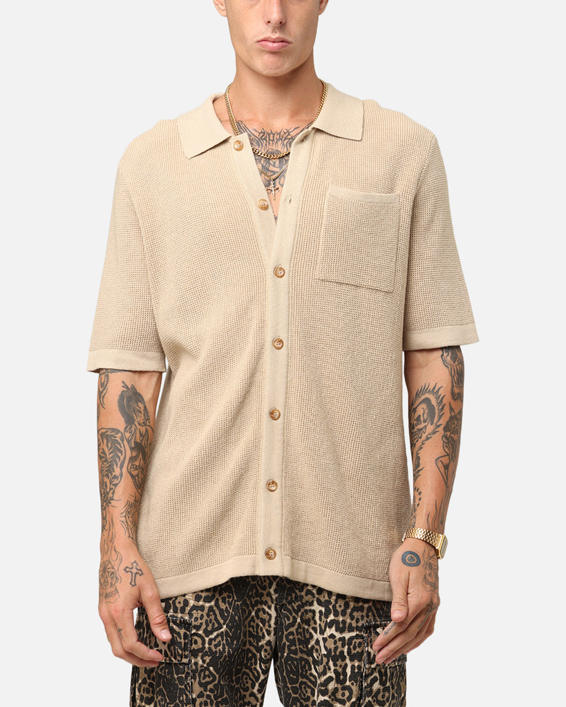 XXIII Zyair Knit Rib Button Up Shirt Tan | Culture Kings US