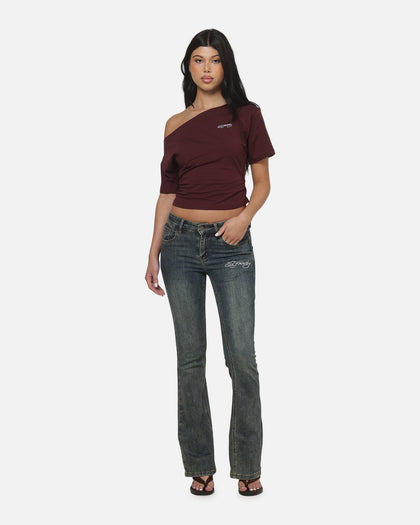 Ed Hardy Women's Off Shoulder T-Shirt Plum