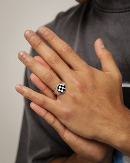 Loiter Checkerboard Signet Ring Silver/Black/White