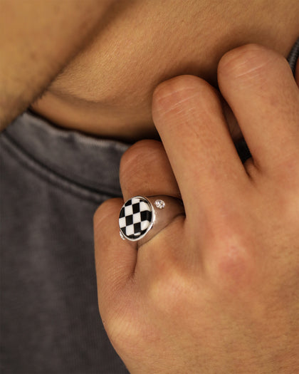 Loiter Checkerboard Signet Ring Silver/Black/White