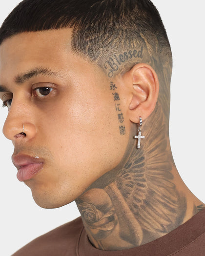 NXS Mini Cross Earring Iced White Gold