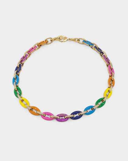 Guess Mainline Women's 17" Rainbow & Crystals Yellow Gold Necklace Multi