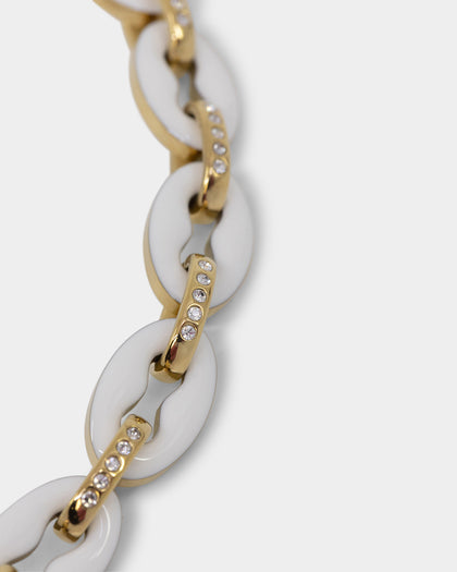 Guess Mainline Women's 17" White & Crystals Yellow Gold Necklace White