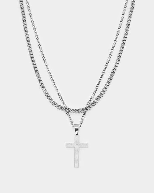 NXS Textured Cross Chain Set White Gold