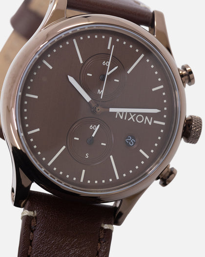 Nixon Station Chrono Leather Watch Chocolate/ Cappuccino Brown