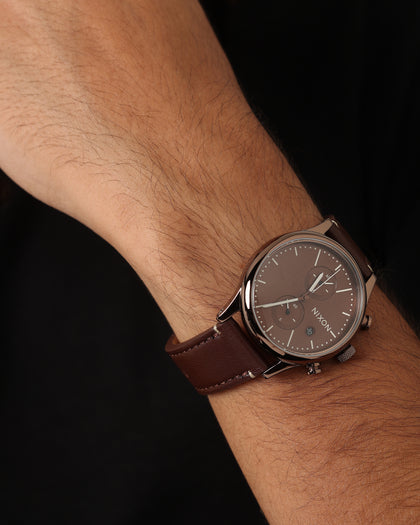 Nixon Station Chrono Leather Watch Chocolate/ Cappuccino Brown