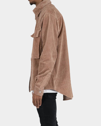 MNML Corduroy Zip Up Shirt Brown