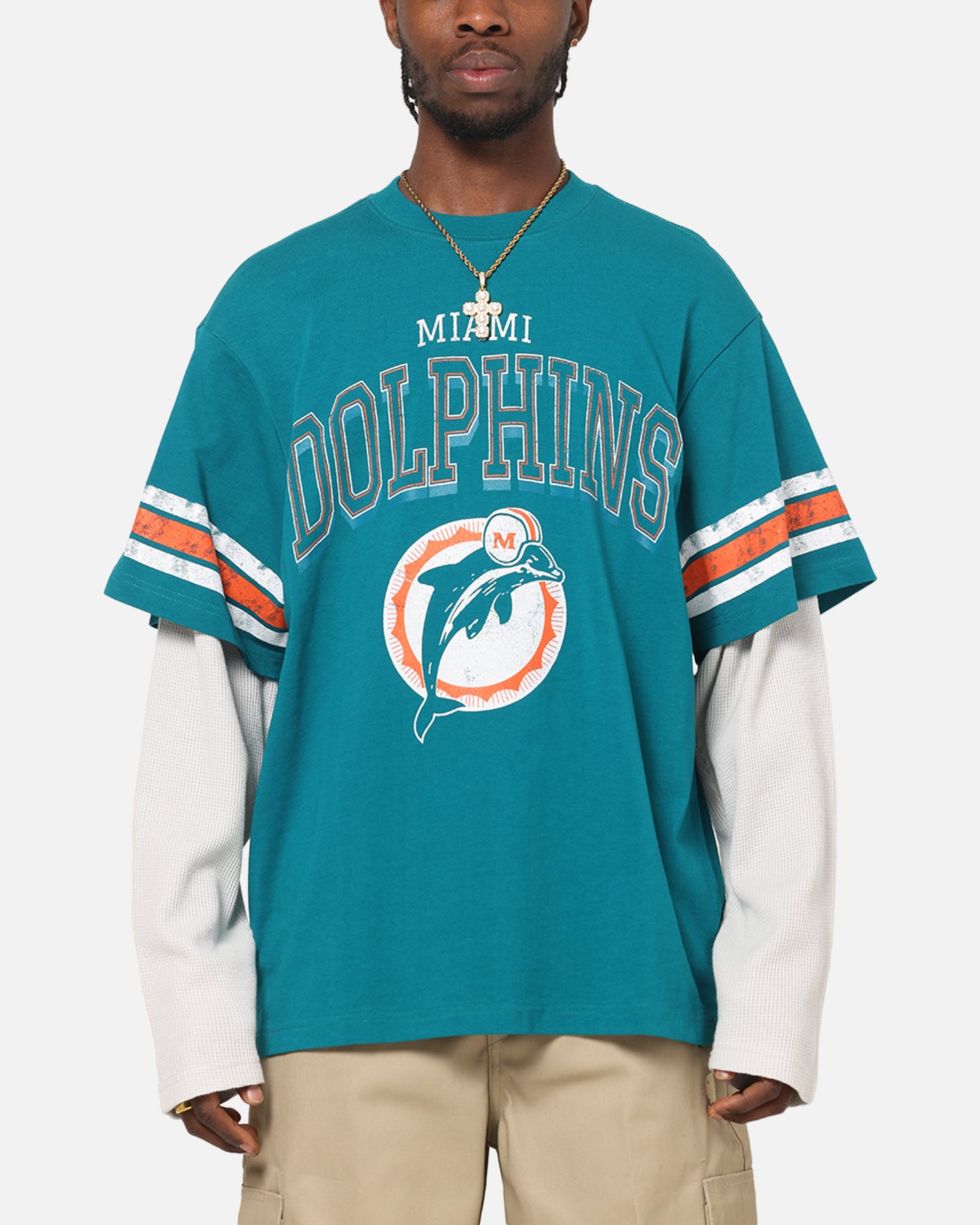 Mitchell & Ness Miami Dolphins Waffle Mock Layer Long Sleeve T