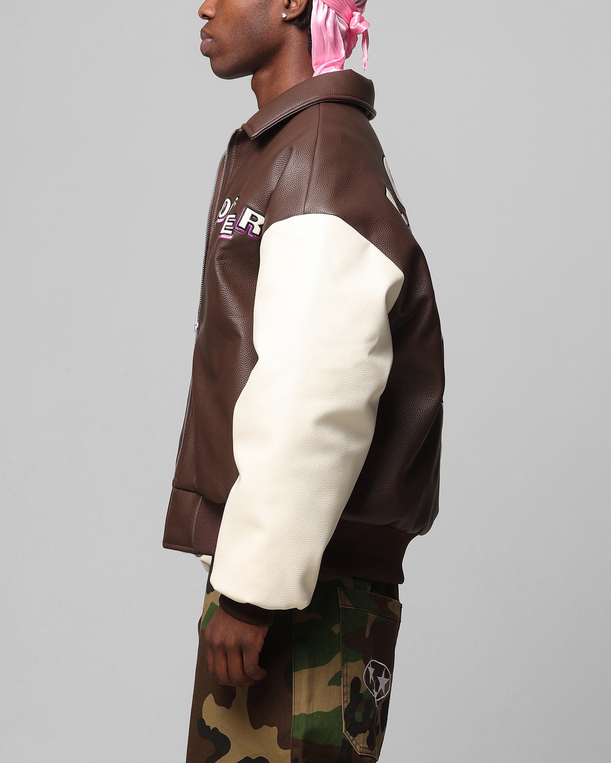 Loiter Solar Vegan Leather Varsity Jacket Brown/Beige | Culture