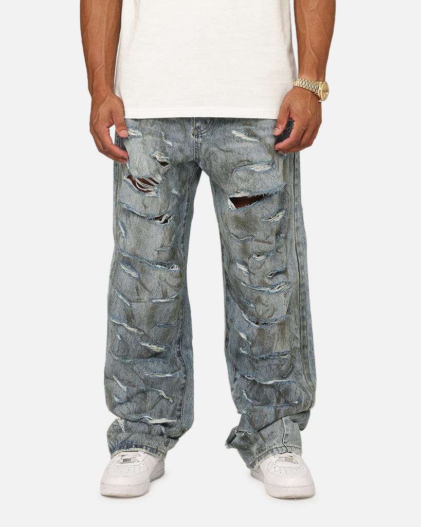 MNML Ultra Baggy Thrashed Denim Jeans Blue | Culture Kings US