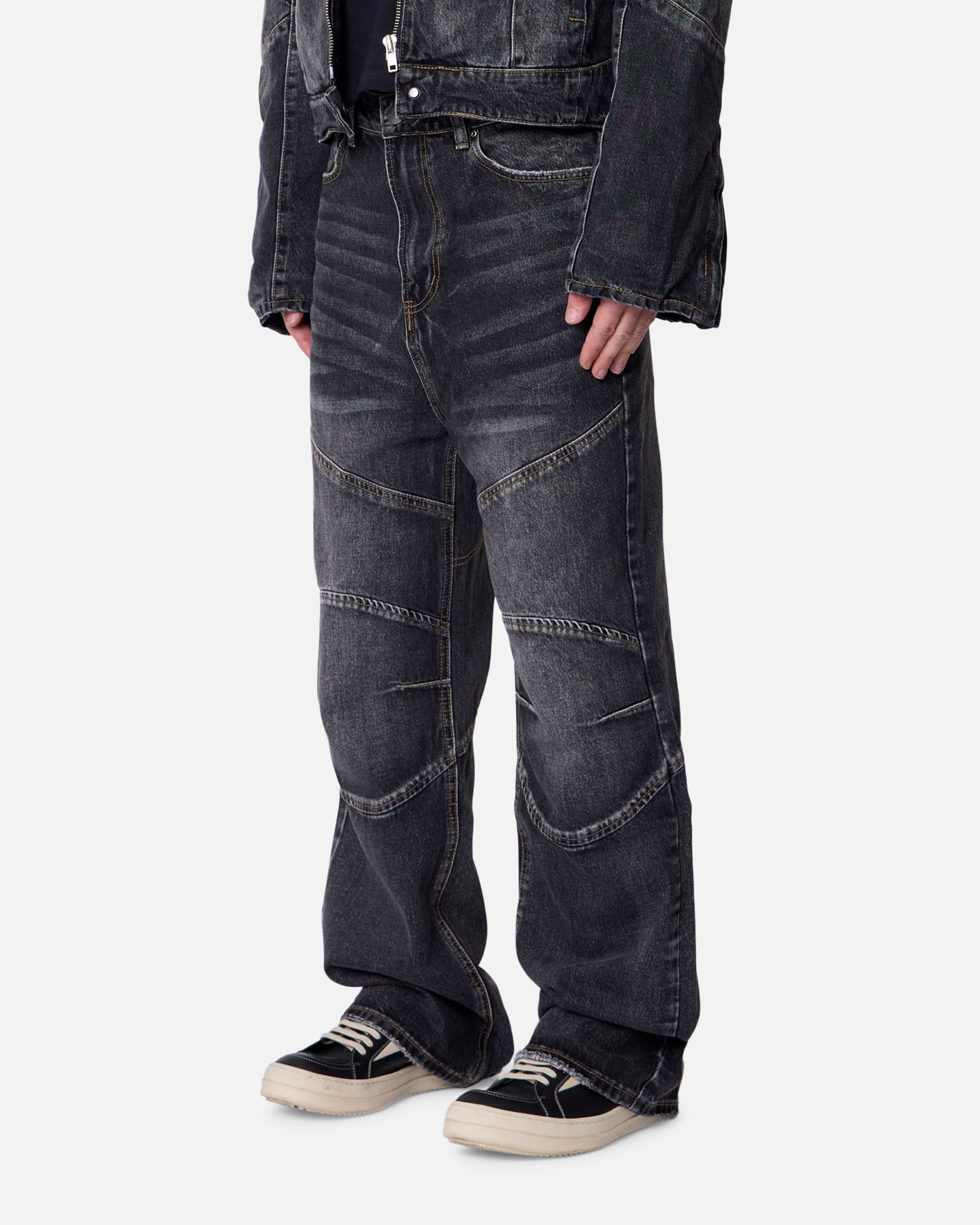 MNML Panelled Moto Denim Jeans Washed Black | Culture Kings US