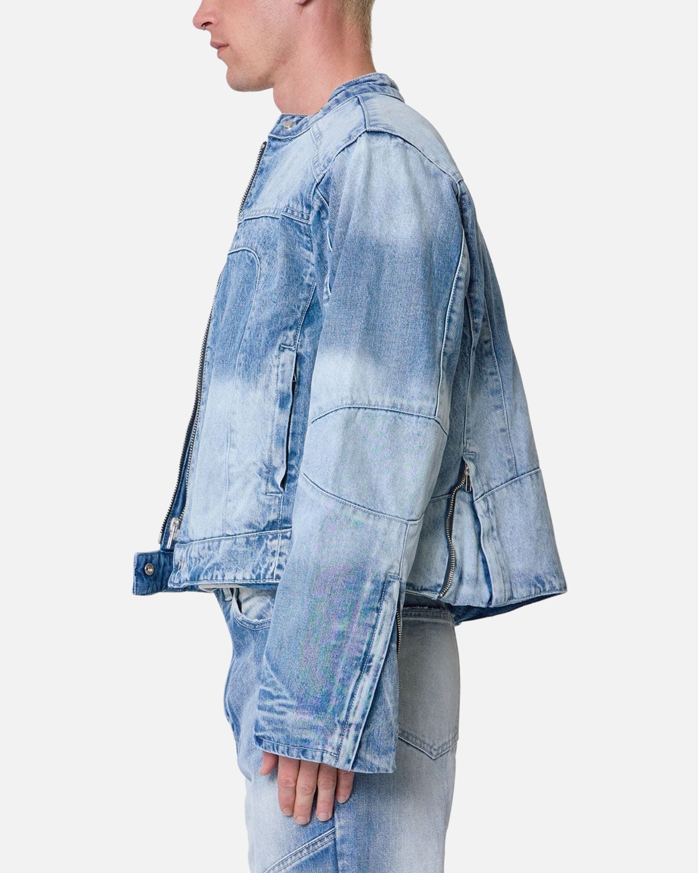 MNML Panelled Moto Denim Jacket Washed Blue | Culture Kings US
