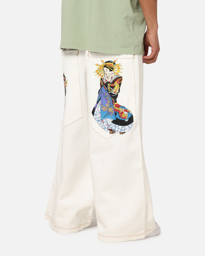 Ed Hardy Ultra Wide Leg Denim Jeans Off White/Yellow
