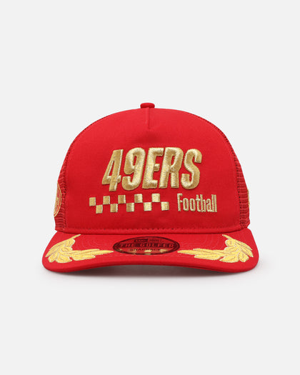 New Era San Francisco 49ers 'Podium Pack' Pre-Curved Golfer Trucker Snapback Scarlet/Metallic Gold