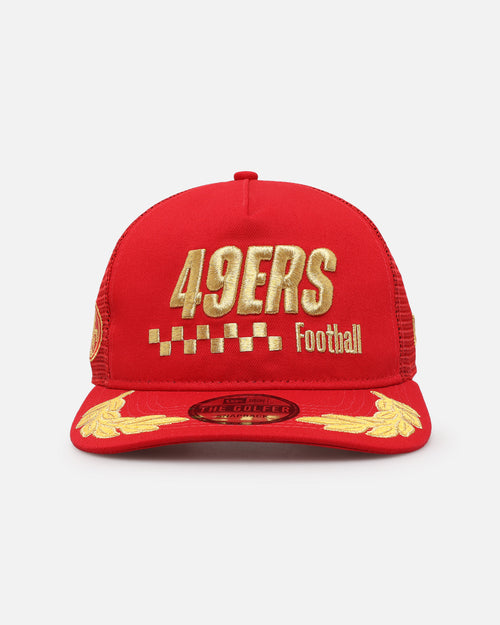 New Era San Francisco 49ers 'Podium Pack' Pre-Curved Golfer Trucker Snapback Scarlet/Metallic Gold