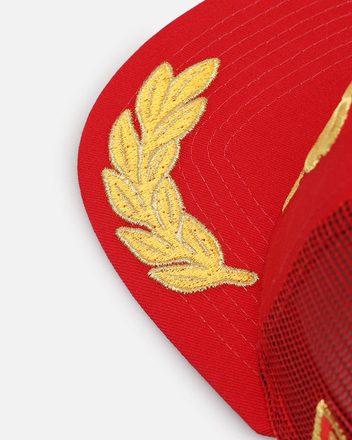 New Era San Francisco 49ers 'Podium Pack' Pre-Curved Golfer Trucker Snapback Scarlet/Metallic Gold