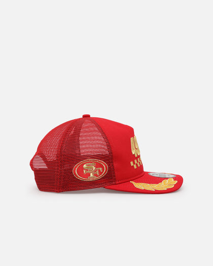 New Era San Francisco 49ers 'Podium Pack' Pre-Curved Golfer Trucker Snapback Scarlet/Metallic Gold