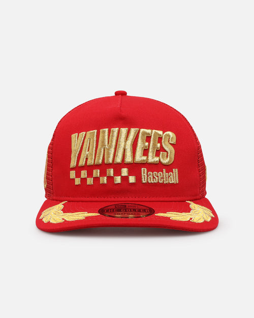 New Era New York Yankees 'Podium Pack' Pre-Curved Golfer Trucker Snapback Scarlet/Metallic Gold