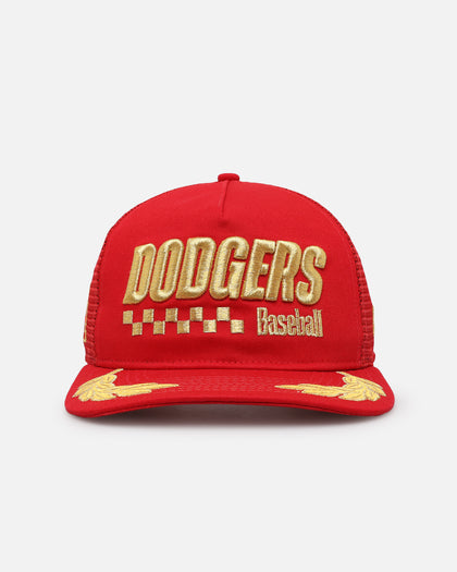 New Era Los Angeles Dodgers 'Podium Pack' Pre-Curved Golfer Trucker Snapback Scarlet/Metallic Gold